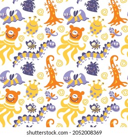 Cute monsters. Seamless pattern for  kids fabric, wrapping, textile, wallpaper, apparel.  Halloween. Vector.