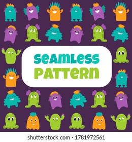 Cute monsters seamless pattern on purple. Kids style nice creatures for kids apparel, prints, textile. Objects isolated on white. Smiling funny colorful aliens set. Amazing characters collection.