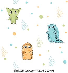 Un patrón impecable de monstruos en un fondo blanco. Delicadas impresiones infantiles para textiles, tejidos y papel. Ilustración vectorial brillante para vivero.