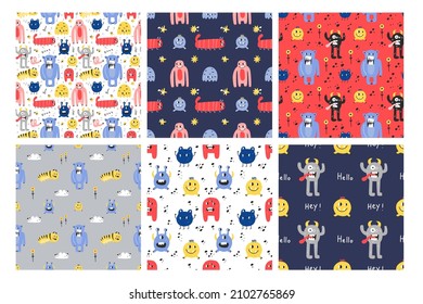 Cute monsters seamless pattern set. Funny colorful creatures, little mutants or aliens, spooky fantasy characters, childish collection. Decor textile, wrapping paper wallpaper, vector print or fabric