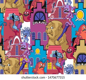 Cute monsters. Seamless pattern. Suitable for fabric, wrapping paper and the like. Vector illustration
