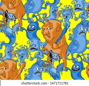 Cute monsters. Seamless pattern. Vector illustration. Suitable for fabric, wrapping paper and the like