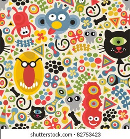 Cute monsters seamless pattern. Vector party texture for you background.