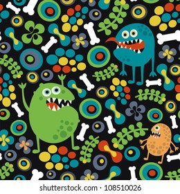 Cute monsters seamless texture with bones and flowers. Vector pattern.