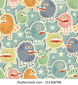 Cute  monsters seamless texture with stars. Vector pattern in retro stile. 