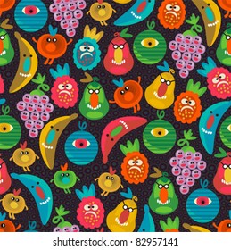 Cute monsters seamless texture. Vector pattern with fruits and berries.