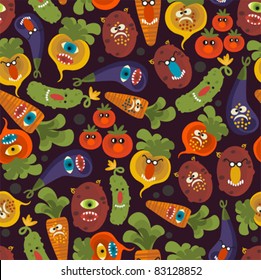 Cute monsters seamless texture. Vector pattern with vegetables.