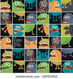 Cute monsters seamless texture with windows. Vector pattern with space microbes.