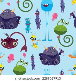 Cute Monsters, Seamless Vector Pattern Design, Illustration, Colorful, Childish, Cheerful, Friendly, Background, Editable, Fashion, Clothes, Creatures