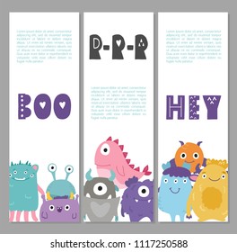Cute monsters set banner, hand drawn cartoon poster. Vector Illustration design for cards, posters, t-shirts, invitations, baby shower, birthday, room decor.