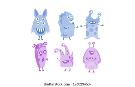 Cute monsters set, blue and purple funny alien character vector Illustration