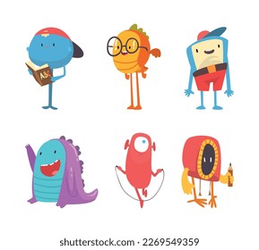 Los monstruos adorables. Brillantes y divertidos extraterrestres con material escolar ilustración vectorial de dibujos animados