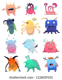 Cute monsters set. Cartoon characters in color pencil style. Isolated objects on white background. Vector illustration 