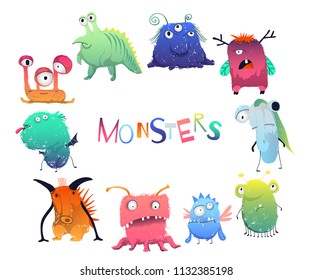 Cute monsters set. Cartoon characters in color pencil style. Isolated objects on white background. Vector illustration