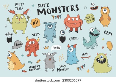 Cute monsters set. Cartoon monsters collection. Vector illustration