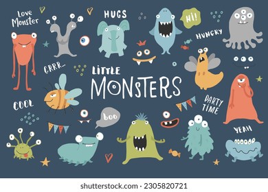 Los monstruos adorables. Colección de monstruos de dibujos animados. Ilustración del vector