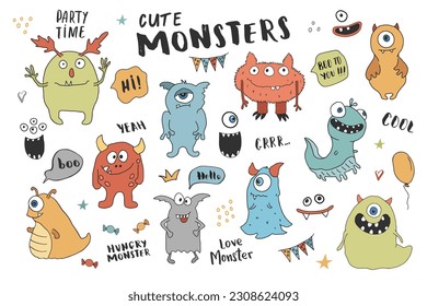 Cute monsters set. Cartoon monsters collection. Vector illustration