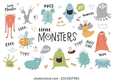 Los monstruos adorables. Colección de monstruos de dibujos animados. Ilustración del vector