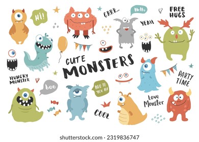 Los monstruos adorables. Colección de monstruos de dibujos animados. Ilustración del vector