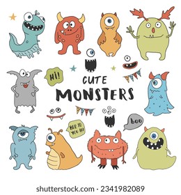 Cute monsters set. Cartoon monsters collection. Vector illustration