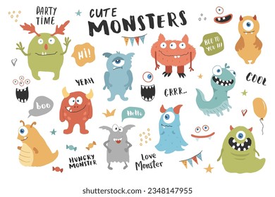 Cute monsters set. Cartoon monsters collection. Vector illustration