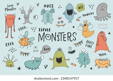 Cute monsters set. Cartoon monsters collection. Vector illustration