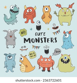 Cute monsters set. Cartoon monsters collection. Vector illustration