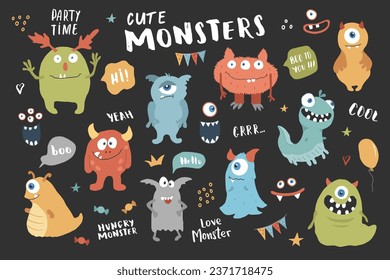 Cute monsters set. Cartoon monsters collection. Vector illustration