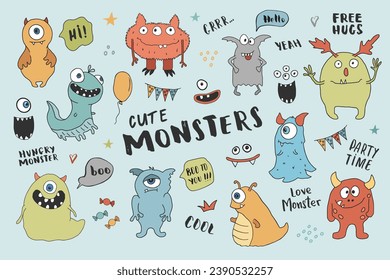 Cute monsters set. Cartoon monsters collection. Vector illustration