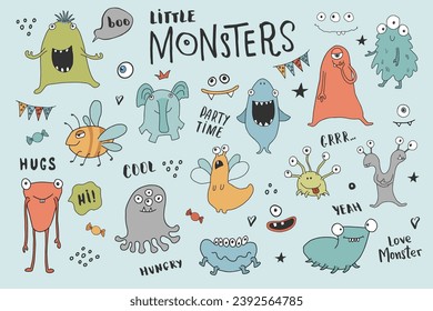 Cute monsters set. Cartoon monsters collection. Vector illustration