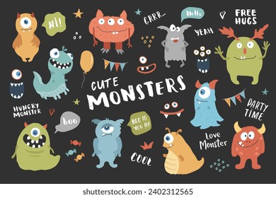 Cute monsters set. Cartoon monsters collection. Vector illustration