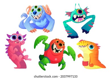 Cute monsters set, cartoon funny characters, aliens, strange animals or Halloween creatures with toothed smiling muzzles, horns, fur and many eyes. Spooky baby mascot personages, Vector illustration