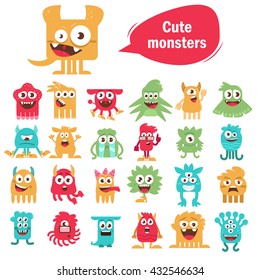 Cute monsters set. Cartoon illustration, flat style. Vector illustration on white background. Characters happy, sad, angry, mad, crying, smart, scared, surprised