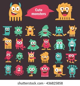 Cute monsters set. Cartoon illustration, flat style. Vector illustration on black background. Characters happy, sad, angry, mad, crying, smart, scared, surprised