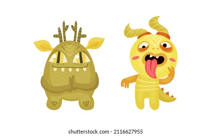 Cute monsters set. Cartoon khaki mutants characters with funny faces vector illustration