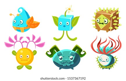 Cute Monsters Set, Fantasy Plants Characters, Mobile or Computer Game User Interface Assets Vector Illustration