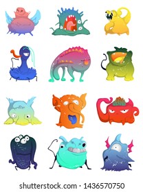 Cute monsters set. Funny fantasy characters collection. Design concept elements for print, poster, wallpaper. Isolated objects on white background. Colorful vector illustration