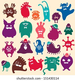 Cute monsters set. Funny fantasy creatures, colorful