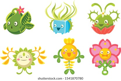 Cute Monsters Set, Funny Fantasy Plants Characters, Mobile or Computer Game User Interface Assets Vector Illustration