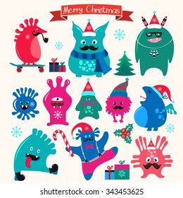 Cute monsters set. Funny fantasy creatures, colorful