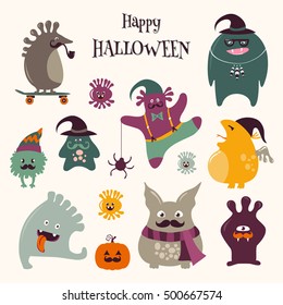 Cute monsters set. Funny fantasy creatures, colorful. Halloween illustration.