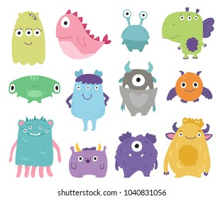 Cute monsters set hand drawn cartoon poster. Vector Illustration design for cards, posters, t-shirts, invitations, baby shower, birthday, room decor.