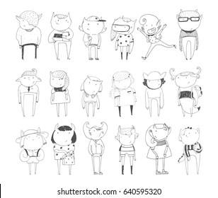 Cute monsters set. Hand drawn collection with little creatures in school age in casual clothes, with school bags. Doodle sketch drawing of lovely standing characters of different gender: boys, girls.