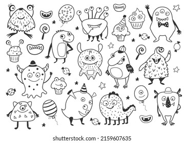 Cute monsters set. Kids coloring page. Hand drawn vector illustration.