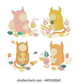 Cute monsters set and mugs of cocoa in autumn forest. Vector illustration
