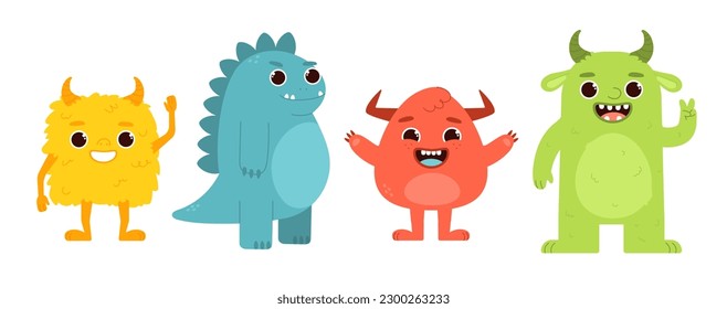 Cute monsters set. Red, yellow, blue and green mutants with horns. Imagination and fantasy, fairy tale. Collection of cute characters. Cartoon flat vector illustrations isolated on white background