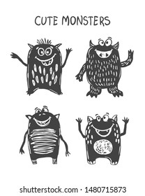 Cute monsters silhouette vector set. Hand drawn doodle cartoon characters.