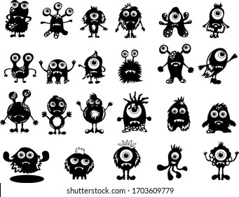 Cute monsters silluette set. Funny monsters silluette art