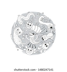 Cute monsters and stars, black and white illustration in a flat style. Characters and stars sketch around composition on white background.