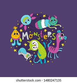 Cute monsters and stars with the inscription "monsters". Color illustration in a flat style. Characters and stars with lettering, sketch around composition on dark background.